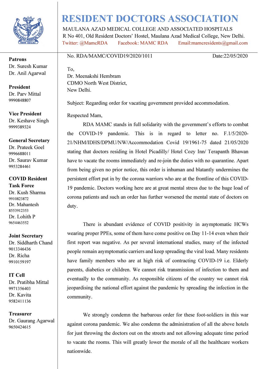 ParvMittal8's tweet photo. Consequences of the govt order cancelling quarantine for HCWs.Approx 25 doctors/nurses literally thrown out of hotels at less than a day’s notice. Is this how you treat COVID warriors?Why then the hypocrisy of flower shower and taali??@ArvindKejriwal @SatyendarJain @DrHVoffice https://t.co/izBNPFeHGB