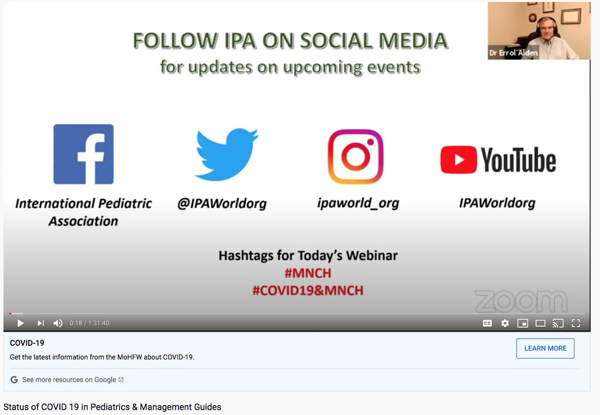 Those who missed <a href="/IPAWorldorg/">International Pediatric Association</a> <a href="/UNICEF/">UNICEF</a> <a href="/WHO/">World Health Organization (WHO)</a> Spanish Webinar on Status of #COVID19 in Pediatrics &amp; Management Guides. Here is the link to the recording youtube.com/watch?v=bGyT3K…
Please do subscribe to IPA Youtube Channel