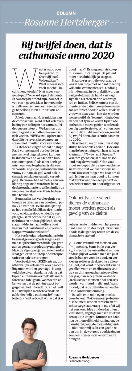 ‘Bij twijfel doen, dat is euthanasie anno 2020. Daarmee zijn we op een uiterst stijl stukje hellend vlak beland.’
In <a href="/nrc/">NRC</a> legt @ryhertzberger haar scherpe pen bij een doodenge wond.
