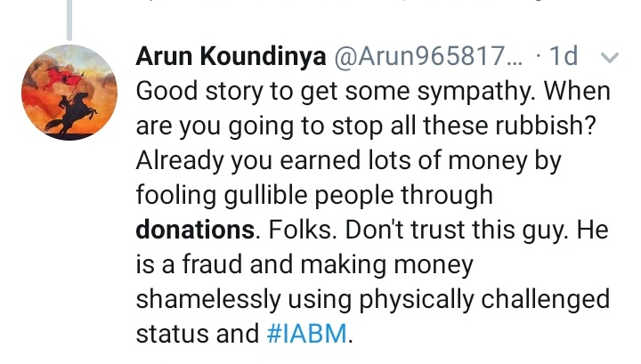 Many people have lost money in his so called  #IABM India Against Biased Media  $hit. Using names like CRPF, Army, Legal Notices to Big Personalities is all a lie. None has faced any charges or arrests ever. He only files ONLINE COMPLAINTS TO GAIN FOLLOWERS AND DONATIONS.