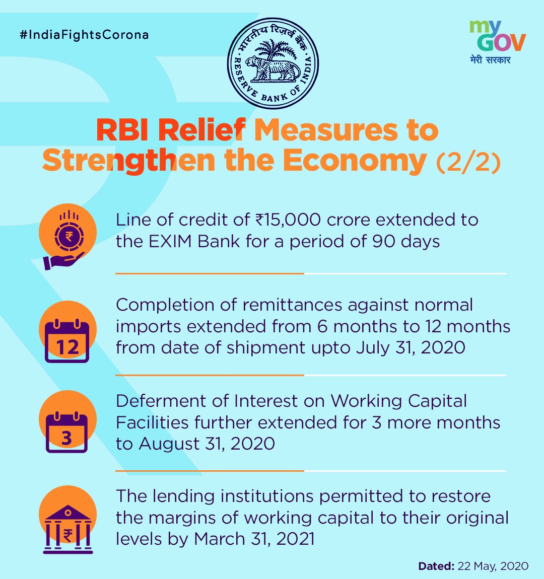 mygovindia's tweet photo. .@RBI announces some relief measures to strengthen the Economy amidst the COVID-19 crisis. #IndiaFightsCorona https://t.co/vbWK5M8aLI