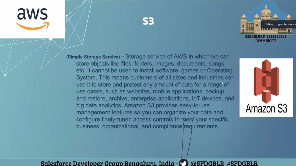 VikramAinchwar's tweet photo. What is S3 in AWS .....a storage server ... any thing we can store in S3 ... SLA is 99.9999 so very less chances services are down ....
#BlrsaysHelloAWS
#SFDCBLR
@danieljpeter
#ThankYou
@sfdgblr
@iKishorebt
@sugandha_atrey https://t.co/evJSLCZ9GN