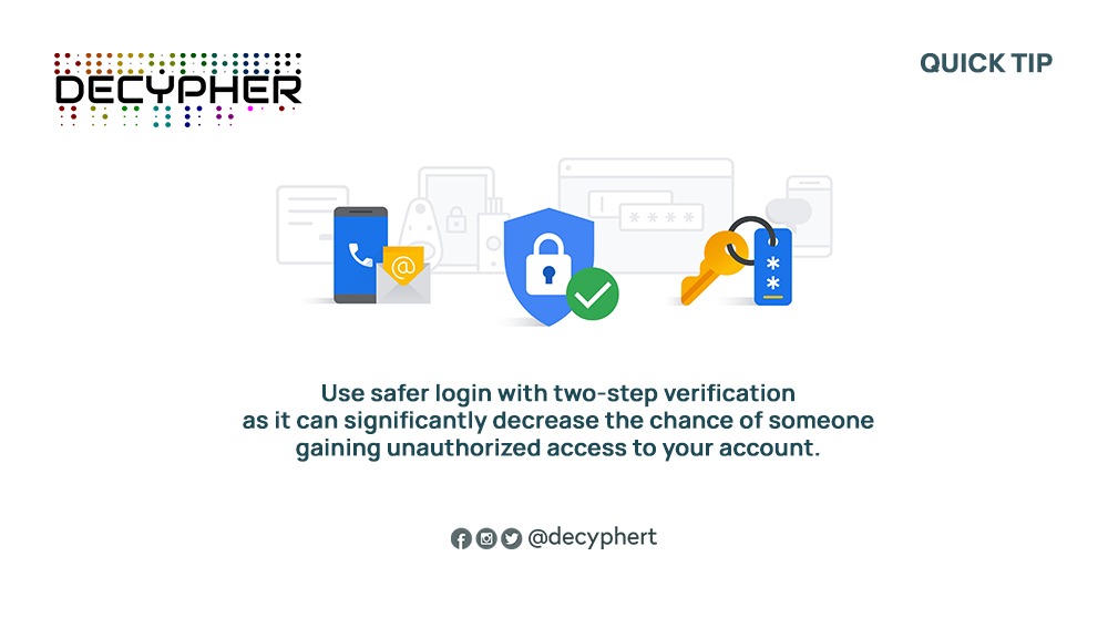 DecypherT's tweet photo. Get more account security by enabling two - factor authentication and reduce the chances of unauthorized access.
#twofactorauthentication #CyberSecurity #Login https://t.co/BtAuxAEzvE
