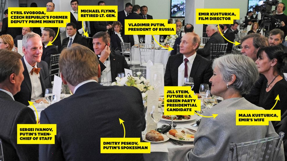 Hayes has always provided a platform for other Kremlin sympathizers, such as Susan Sarandon, an early supporter of Jill Stein, pictured here with Mike Flynn and Vladimir Putin, at a Russia Today gala...