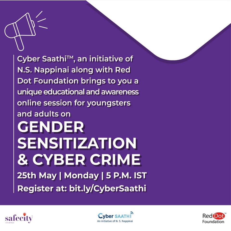elsamariedsilva's tweet photo. Join Advocate Supreme Court of India @NSNappinai and Founder of #Cybersaathi with the #Safecity @pinthecreep team on 25 May at 5 pm for a session on #gender sensitivity and #cybercrime. @UKinMumbai @USAndMumbai Free session. Please register here - https://t.co/DK3gicItBn. https://t.co/AWUXwJEgsA