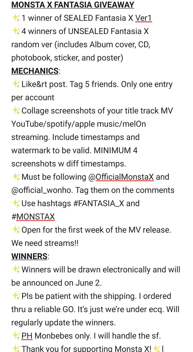 MONSTA X FANTASIA X ALBUM GIVEAWAY FULL MECHANICS dm me if u have questions. pls refrain fr commenting under this post. u may qrt pls read and follow mechanics to make your entry countThanks for supporting mx! #FANTASIA_X #MONSTAX @OfficialMonstaX  @official__wonho