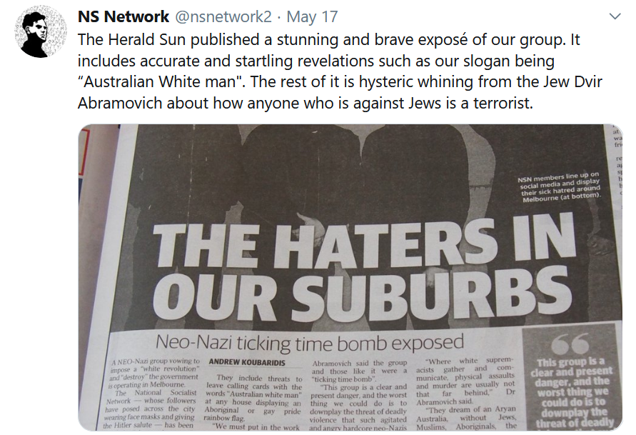... while also noting that much depends on the nature of that reportage. To the extent that it consists of 'ermahgerd there's nazis about' it's unlikely to be helpful, which is pretty much what News did when they reported on NSN.