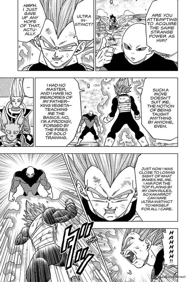 Vegeta realised that he is not goku. He is an individual hence why he now goes a different path. One where he takes gokus teachings and adapts it into his own fighting style. Vegeta is still a saiyan a heart. He& #39;s just not as stubborn anymore.
