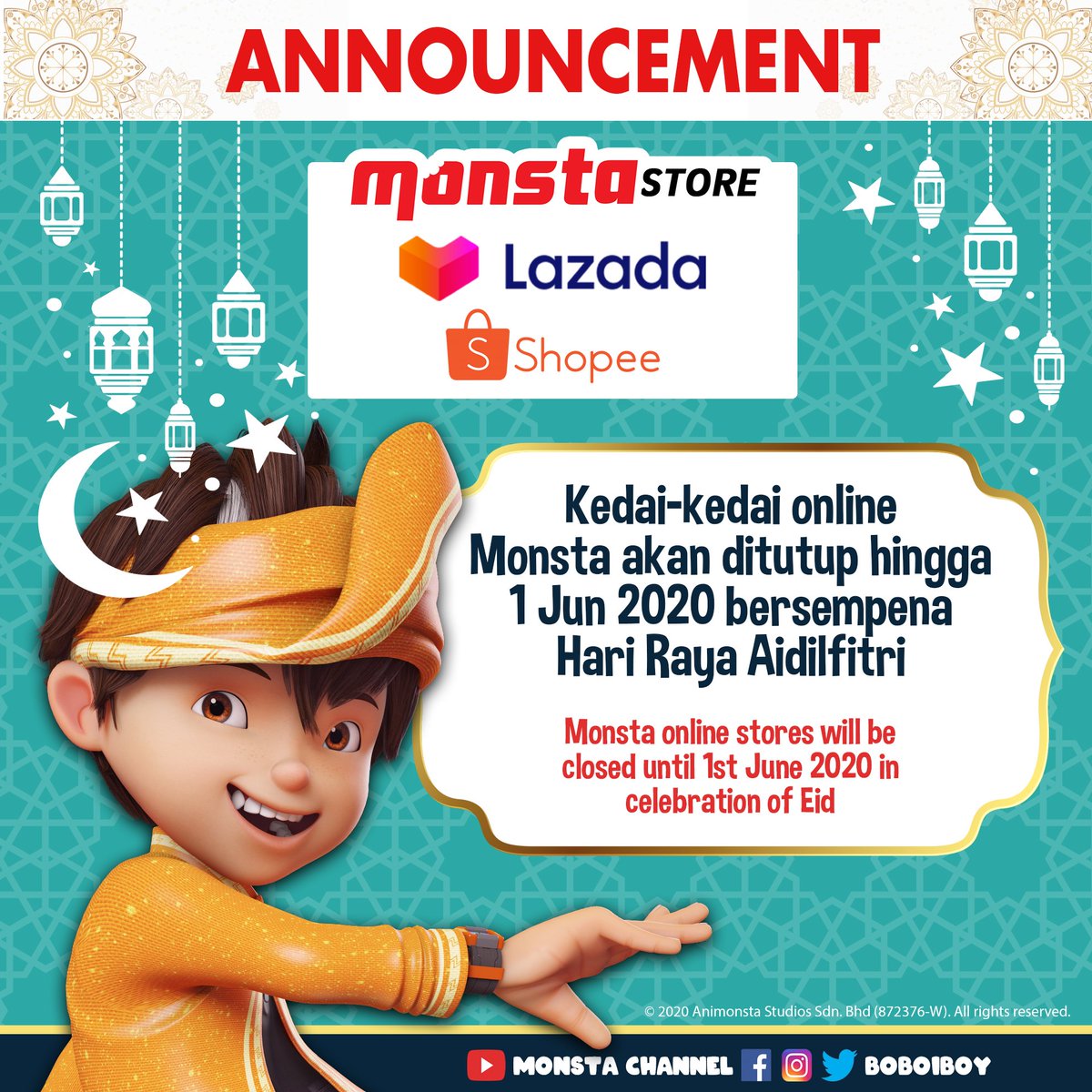 themonstastudio's tweet photo. ⚠️ NOTICE ⚠️
#MonstaStore, Monsta Lazada, & Monsta Shopee akan ditutup sementara hingga 1 Jun 2020 sempena Hari Raya. Jumpa lagi!
-
Monsta Store, Monsta Lazada, & Monsta Shopee is temporarily closed until 1 June in celebration of #Eid. See you soon!
#Monsta #Announcement #Raya https://t.co/s2ZhLnNE7q
