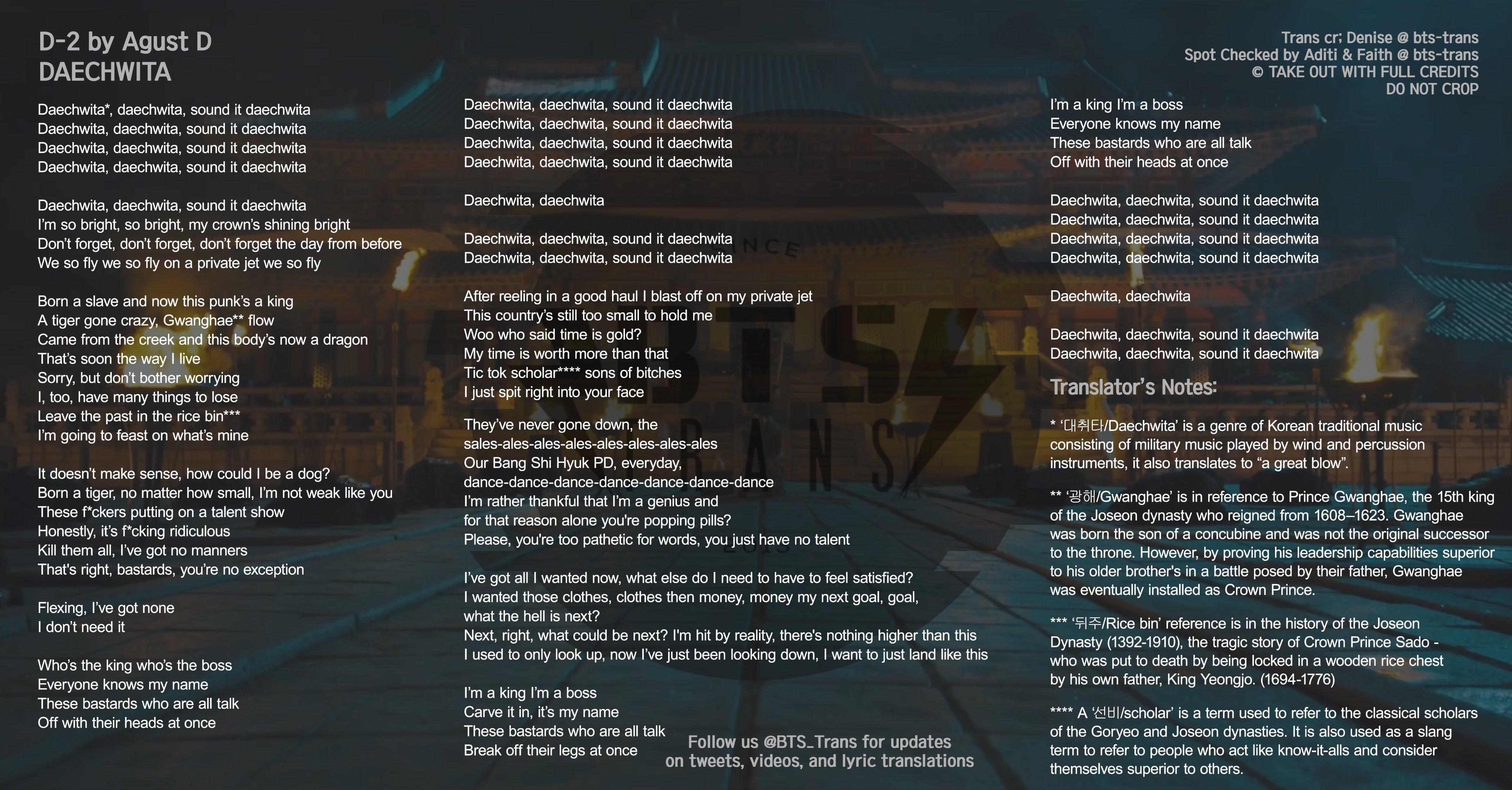 Bts Translations Bangtansubs Kor Eng Lyrics Daechwita 대취타 By Agust D Bts Twt Bts 방탄소년단 Agustd2 Daechwita T Co Nhlnlj0nzr