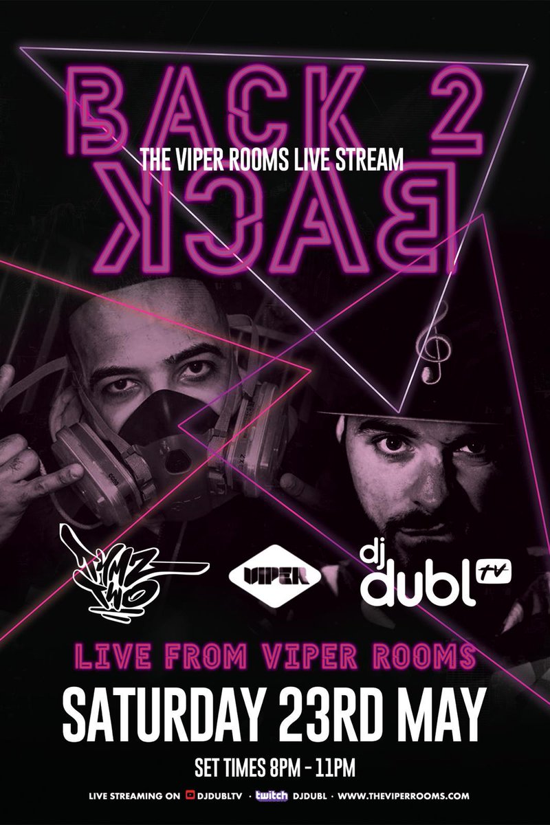 9pm not 8pm. 

TONIGHT! 

I'm streaming back 2 back with <a href="/TymzTwo/">TYMZ TWO</a> LIVE from <a href="/ViperKingston/">Viper Rooms Kingston</a> - 2 hour TURN UP! 

Streaming from 9pm on youtube.com/DJDUBLTV &amp; twitch.tv/djdubl! 

Grab a drink, get online &amp; come vibe!