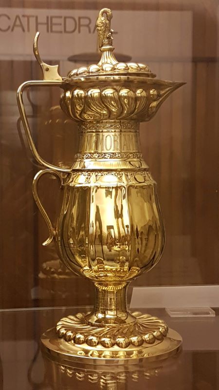 J D Sedding contributed another couple of things to  @GlosCathedral. One, a  #memorial to Dean Henry Law, I have no image, but he also designed a silver gilt flagon in memory of Canon Richard Harvey and his wife Elizabeth with lovely  #pelicaninherpiety (last tag  @NellytheWillow)