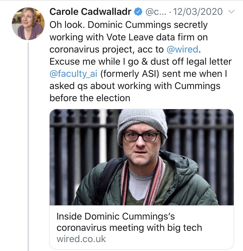 This is what I tweeted on March 12. To massive pushback. But Cummings’s role as interface between scientists of SAGE, friends & associates in private tech sector & decisions of government is key. And this is where our focus needs to be. And on those who enable & cover for him10/
