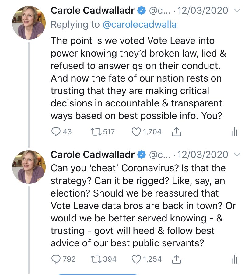 This is what I tweeted on March 12. To massive pushback. But Cummings’s role as interface between scientists of SAGE, friends & associates in private tech sector & decisions of government is key. And this is where our focus needs to be. And on those who enable & cover for him 10/