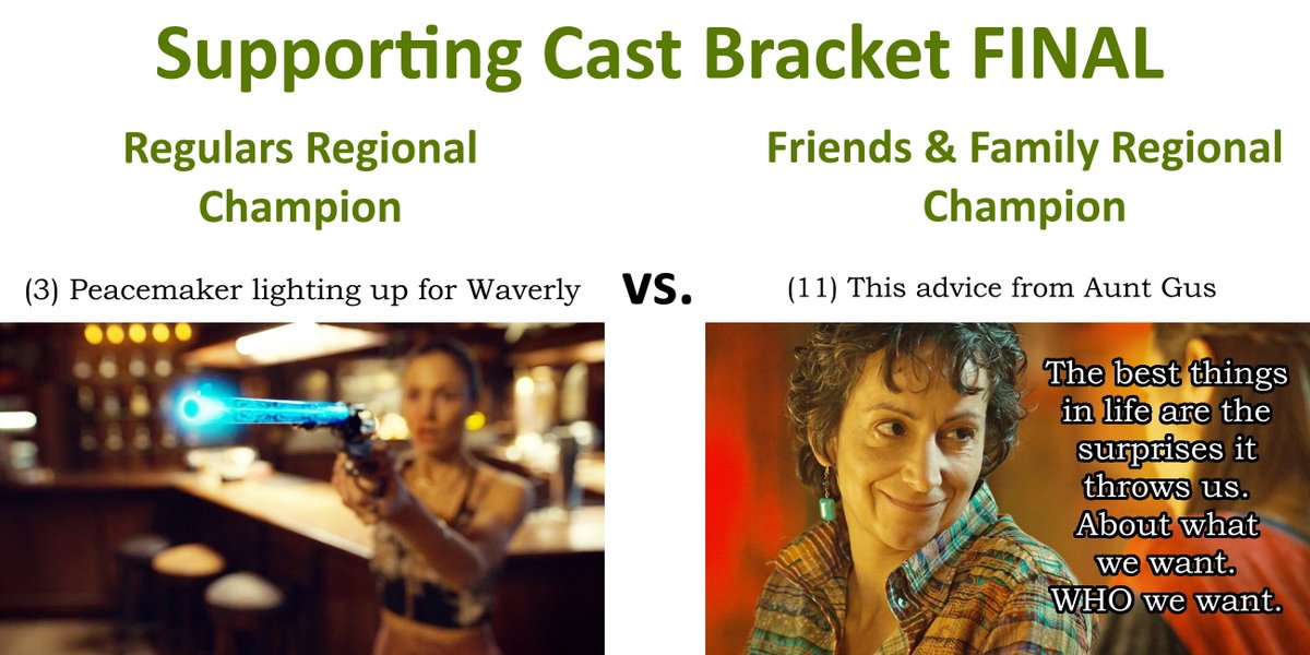 Today's polls are as follows:*Relationship Final      - WayHaught Regional Champ       - Earp Sisters Regional Champ*Supporting Cast Final      - Cast Regulars Regional Champ      - Family & Friends Regional Champ @nedleysoffice  #WynonnaEarp