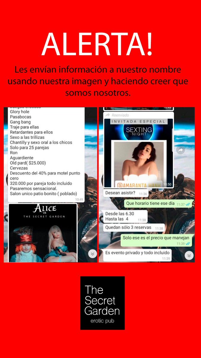 secretgardenpub's tweet photo. Atención! Ojo con esta estafa a nuestro nombre y la de importantes artistas como @AmarantaHank  y @natasha__10_ . Ya realzamos la denuncia y gracias a nuestra comunidad se identificaron los responsables! 

Por favor compartir para que ninguna caiga en esto. 

#cuarentena #estafa https://t.co/8VVEjf9IkA