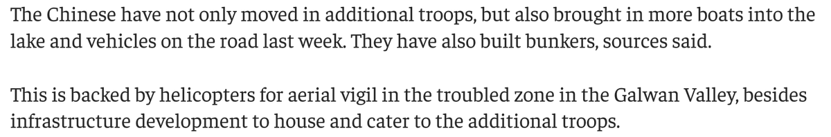 The Print's report: 'With China bringing in a large number of Border Defence Regiment (BDR) troops along the Line of Actual Control (LAC) to force the Border Roads Organisation (BRO) ... India has decided to stay “dug in” and conduct “mirror deployment”'  https://theprint.in/defence/stand-off-in-ladakh-army-matching-wits-with-china-on-every-step/427887/