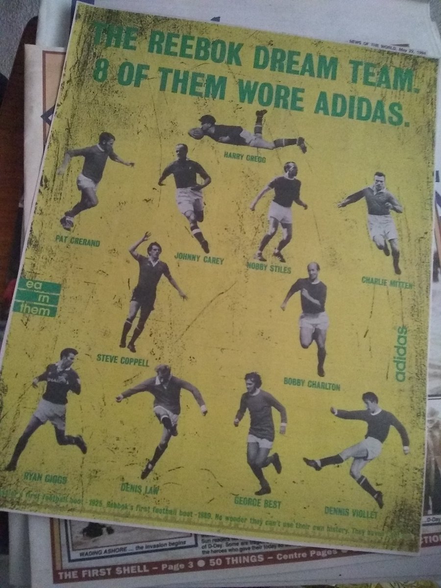 HBRed99's tweet photo. Here's an @adidas advert from #1994 I found in a box in the loft whilst looking for something else.
Depicts former @ManUtd players
#HarryGregg
#PatCrerand
#JohnnyCarey
#NobbyStiles
#CharlieMitten
#SteveCoppell
@SirBobby
#RyanGiggs
#DenisLaw
#GeorgeBest &
#DennisViolet
#MUFC #GGMU https://t.co/WbCYFWiZ0D
