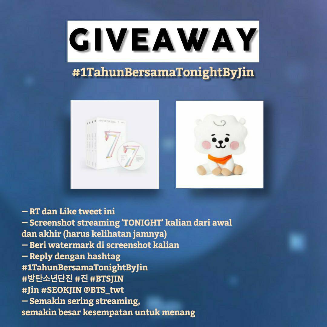 kimseokjinid_'s tweet photo. 🌸 GIVE AWAY #Tonight30M 🌸

✔ 2 winners
1. Random version album MOTS7
2. Baby RJ sitting doll unoff

⚠️ Untuk rulesnya liat di poster ya

End Surprise
Indonesian ARMY only

**Admin kasih contohnya di tweet selanjutnya 👇👇

GOOD LUCK 💙

#방탄소년단진 #진 #Jin #SEOKJIN @BTS_twt https://t.co/ds5ohMOKK7