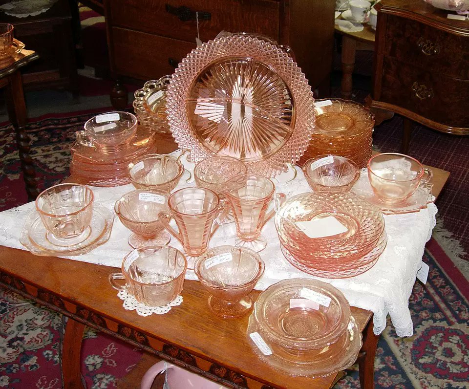 Thread: One of the most collectible colors of depression glass is pink which was produced in the early 1930s. Pink glassware comes in several different patterns.  http://www.ndga.net/articles/whatisdg.php