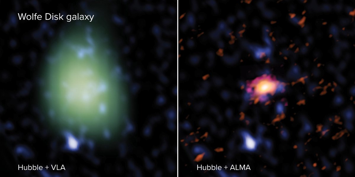 The giant "Wolfe Disk" galaxy is spinning serenely during a time of chaos in the early universe. Nobody knows how it achieved such Zen calm. public.nrao.edu/news/alma-disc…
