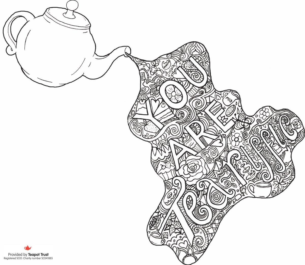 TeapotTrust's tweet photo. You are Tea-riffic! For #CreativityAndWellbeingWeek, here's one of our awesome colouring designs you can do at home. Why not take a relaxing minute to colour this weekend? Post a pic before Monday to have a chance of winning free art supplies! 🖍 #CREATIVEWELL @LAHFArtsHealth https://t.co/XvSM25qc7w