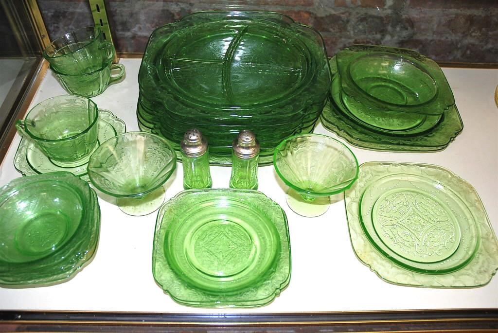 Thread: Green depression glass was the second most popular color made of the top one hundred and fifty depression glass patterns. About 110 depression glass patterns were made in green glass. Rose Cameo pattern is the only one that was made exclusively in green.