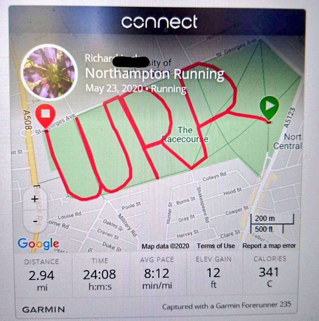 This weekend it's the #WRR virtual #Blisworth5, we've chalanged our runners to cover 5k or 5 miles with a prize draw for entrants, sweaty selfies and #StravaArt! May explain some weirdness witnessed at the Northampton racecourse this morning!