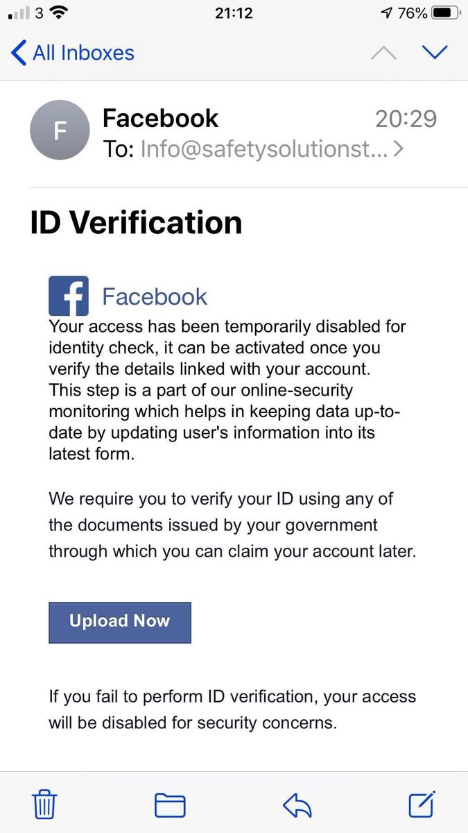 Scam_Alert_UK's tweet photo. Please be aware of a Facebook verification scam circulating. The email asks you to upload a personal identification document. Don’t be fooled! Follow Scam Alert UK https://t.co/OitRnzNAub