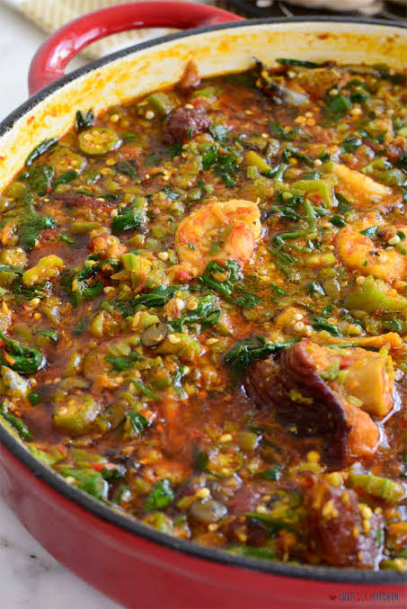 18. Okra soup Also known as "ila alasepo" among the Yorubas, It is prepared using the edible green seed pods of the okra flowering plant as a primary ingredient. It is greenish in colour. Okra has a slippery feel when rubbed with the fingers.