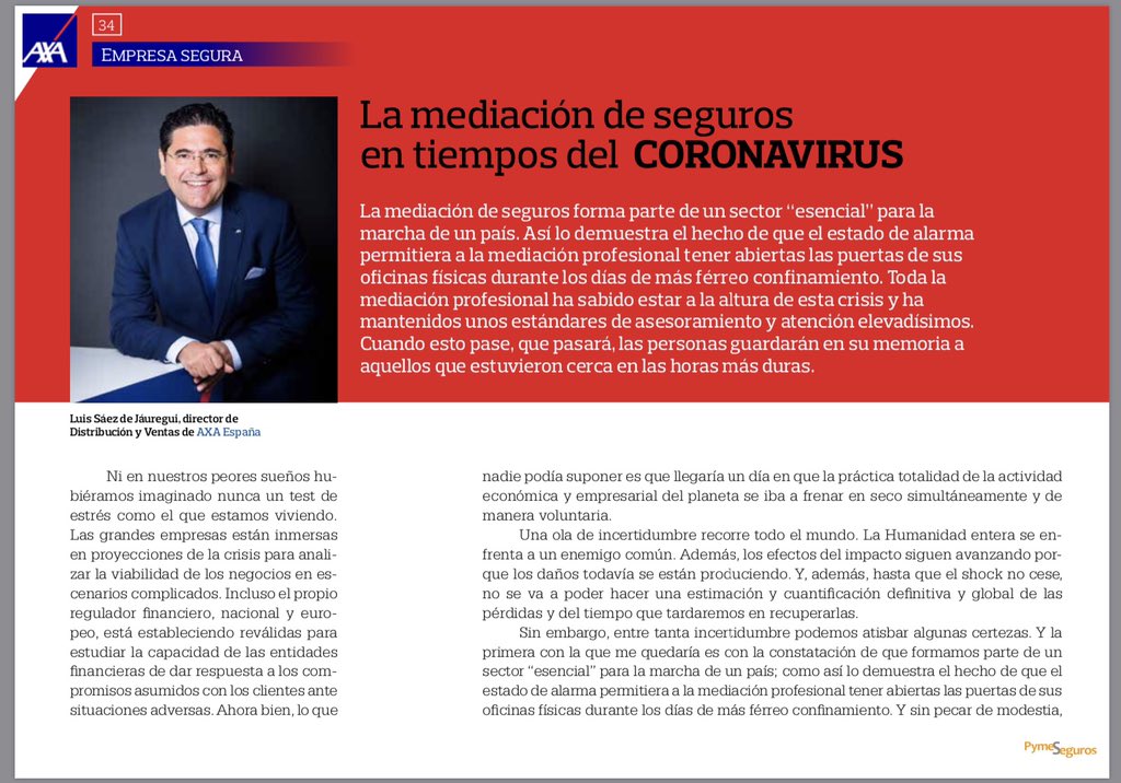 LSaezJauregui's tweet photo. 📣 Artículo: “La mediación de seguros en tiempos del coronavirus”. @PymeSeguros, nº 95. Págs. 34 y 35.
🌐
Léelo aquí:
https://t.co/Nso58Sr0VL https://t.co/eO81MScBxl