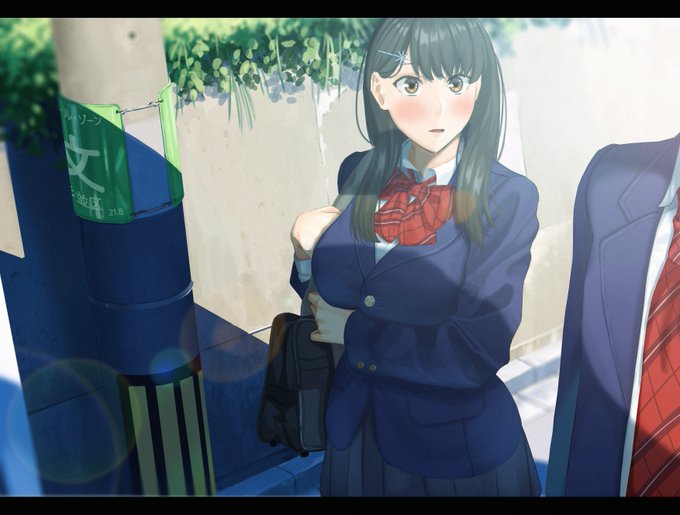 【Skeb】黒髪ロングの巨乳幼馴染JKと一緒に登校したい…そんな絵 