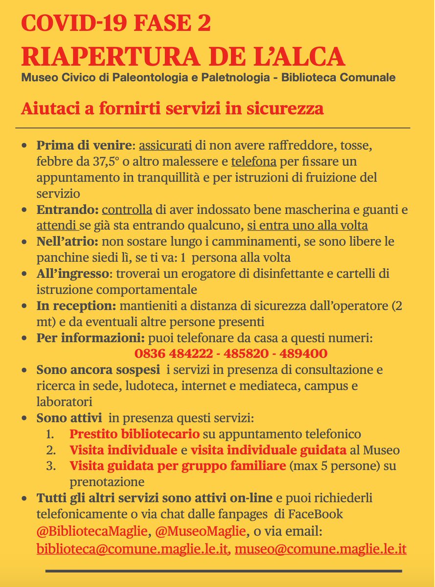 AlcaMaglie's tweet image. Lunedì 25 maggio l&apos;Alca riapre al pubblico, nel rispetto delle misure antiCovid19: piccoli gesti per proteggerci e ricominciare a vivere museo e biblioteca in sicurezza.