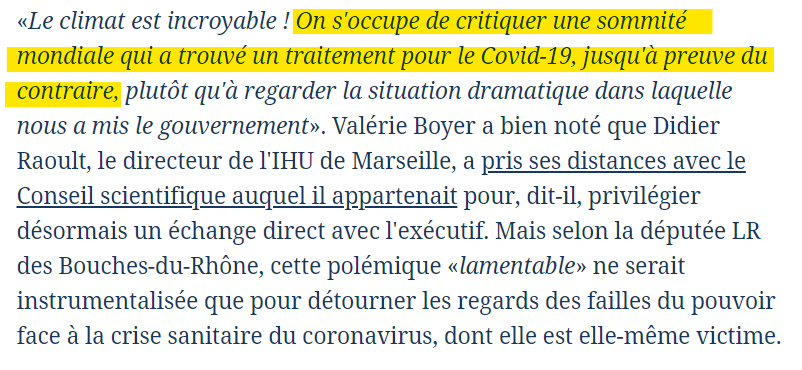 Fin mars encore, Valérie Boyer dénonçait les réserves contre le Pr. Raoult : "Pendant qu'on critique Raoult, on fait perdre du temps aux malades."  https://www.lefigaro.fr/politique/coronavirus-agacee-par-les-critiques-et-les-doutes-valerie-boyer-prend-la-defense-de-didier-raoult-20200325