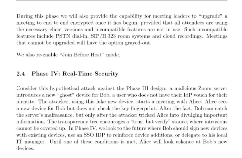 matthieugarin's tweet image. #Zoom publie un design tech qui permettra (enfin !) de chiffrer les comms 🔐 #E2Eencryption github.com/zoom/zoom-e2e-…
Roadmap en 4 phases :
1️⃣ Classique, stockage clé sur client (cf. Facetime)
2️⃣ Appui sur IDP / SSO entreprise
3️⃣ Traçabilité et contrôles
4️⃣ Contrôles temps réel 👍