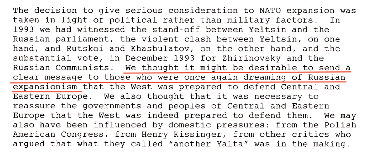 Schifter thought differently. He figured the enlargement agenda was driven primarily by fear of Russia's turn to nationalism. "We thought it might be desirable to send a clear message." Schifter implied enlargement was no longer imperative in 1994, now that Yeltsin won.