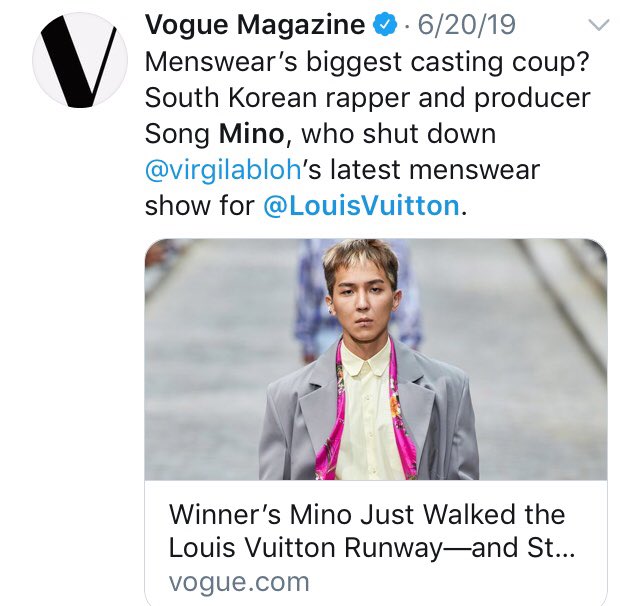 [ #MINO  #송민호] Mino was featured on Vogue magazine as the “biggest casting coup who shut down Virgil Abloh latest menswear show for LV”, also featured on The NY Times, Vogue runway & LV official acc 