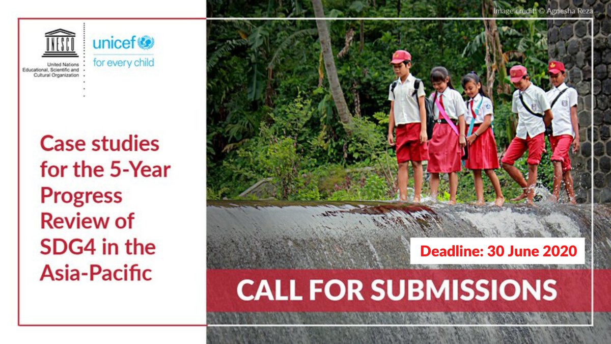 📖 Does your organization have a good practice on #SDG4 implementation?
✍️ Share your case study with us to be part of the 5-year Progress Review on SDG4 in the Asia-Pacific!

📆 Deadline: EXTENDED TO 30 JUNE 2020
ℹ️ Details: bit.ly/SDG4CaseStudies