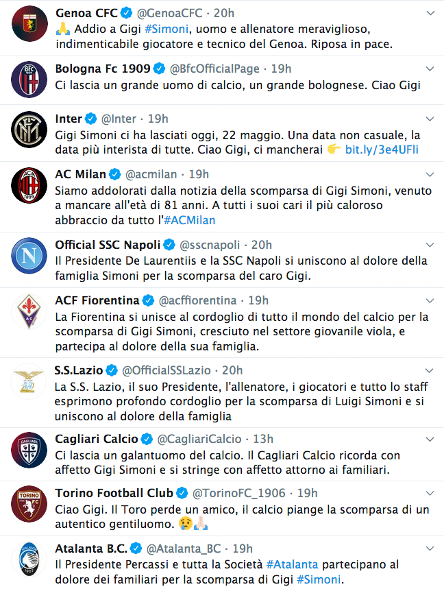 Un po' tutta la #SerieA ha salutato Gigi #Simoni dai canali ufficiali twitter. Purtroppo, tra le top 5 del nostro calcio, mancano all'appello #Juventus (Gigi è stato bianconero nel '67-'68) e #Roma.
Signori si nasce... e io lo nacqui, modestamente.