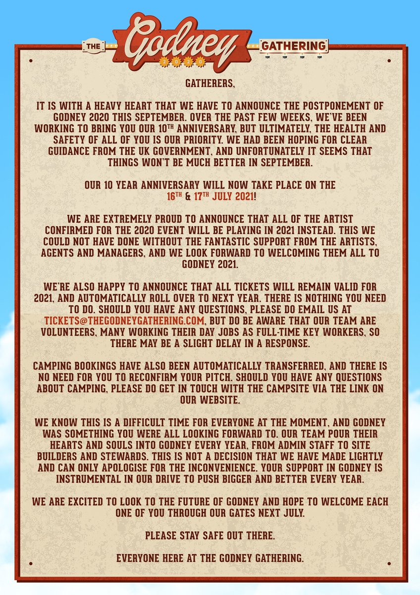 The Godney Gathering (@godneygathering) on Twitter photo The Godney Gathering 10th Anniversary will now take place on the 16th & 17th July 2021. 
Full Statement: The Godney Gathering 10th Anniversary will now take place on the 16th & 17th July 2021. 
Full Statement: