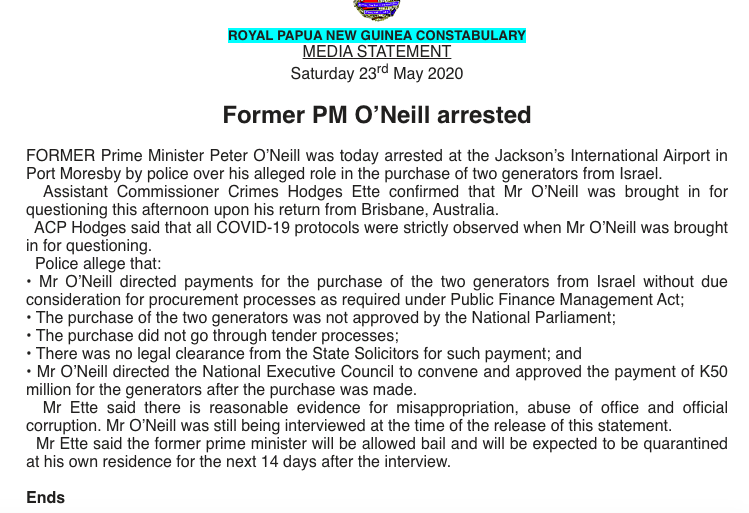 JamieTahana's tweet image. Big news. Former PNG prime minister Peter O'Neill arrested  in Port Moresby. He was greeted by officers at the airport when he returned to the country this afternoon.