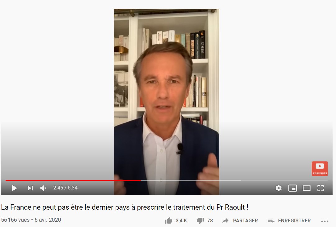 Le même jour sur YouTube, il défendait l'hydroxychloroquine : "Je n'accepte pas que l'Etat interdise aux médecins de prescrire un médicament sous prétexte qu'il serait dangereux, [...] beaucoup moins dangereux que d'autres médicaments moins connus" 