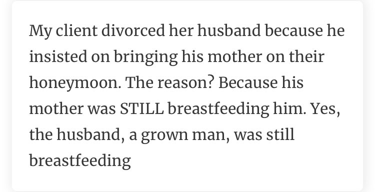 Some Lawyers were asked about the nastiest and weirdest causes of Divorce they have ever witnessed in their profession.Marriage is not for everyone. See thread 