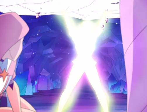 (4/7)On an alien planet Adora's determination activated her powers when her friends were in danger. Incomplete transformation - no one saw She-Ra, just a blinding light - but the reflections on crystals showed glimpses of her future form. She obliterated the boulder to dust.