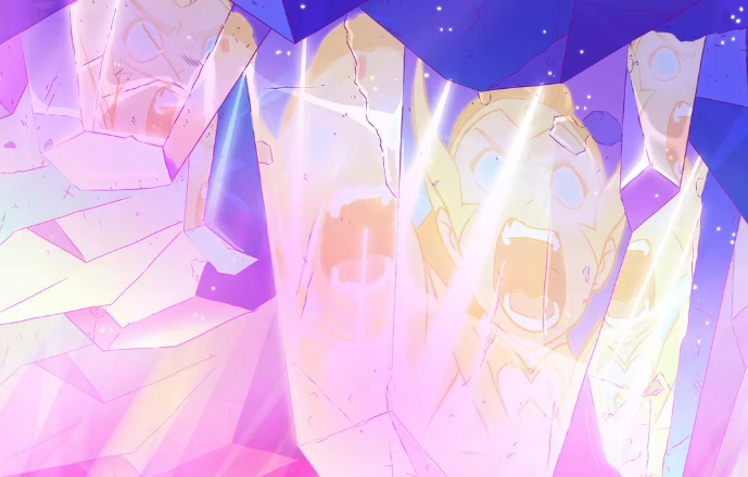 (4/7)On an alien planet Adora's determination activated her powers when her friends were in danger. Incomplete transformation - no one saw She-Ra, just a blinding light - but the reflections on crystals showed glimpses of her future form. She obliterated the boulder to dust.