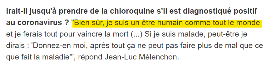 Début avril, Jean-Luc Mélenchon disait encore sur RTL que, s'il était atteint par le  #COVIDー19, il prendrait ce traitement : "Si je suis malade, peut-être je dirais : 'Donnez-en moi, après tout ça ne peut pas faire plus de mal que ce que fait la maladie'"  https://www.rtl.fr/actu/politique/coronavirus-s-il-est-atteint-du-covid-19-melenchon-prendra-de-la-chloroquine-7800362521