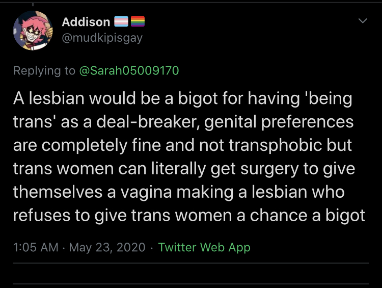 Riley J, Genital Preferences are Transphobic, Dennis. https://www.youtube.com/watch?time_continue=1&v=k5GYlZKfBmI&feature=emb_logo