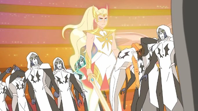 (6/7)With a humming energy field surrounding her Adora called for her alter ego, and the sword materialized in her hand out of thin air. This manifestation of She-Ra is more personal to Adora and reflects the significance of those most beloved to her (Catra, Bow, Glimmer).