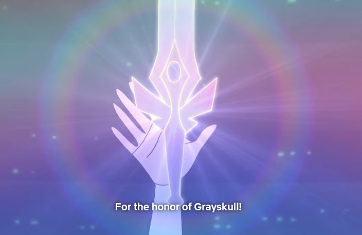 (6/7)With a humming energy field surrounding her Adora called for her alter ego, and the sword materialized in her hand out of thin air. This manifestation of She-Ra is more personal to Adora and reflects the significance of those most beloved to her (Catra, Bow, Glimmer).