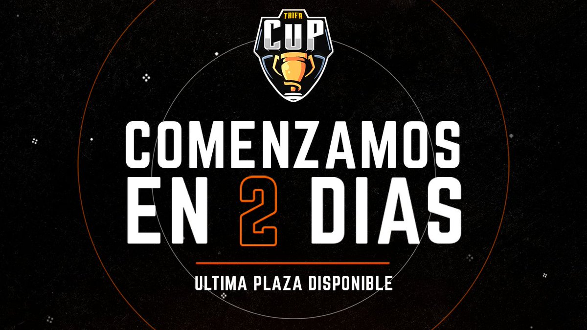 TaifaCup's tweet photo. ¡Cuenta atrás activada!⏱️

A falte de 2 días para iniciar la competición sólo queda 1 plaza disponible para cualquier equipo interesado.

Pídenos vía MD nuestro PDF con toda la información sobre nuestro torneo. 📩

#ComingSoon #TaifaCup https://t.co/KgAkxgn7Am